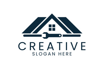Home Repair Service Logo Design Modern House Wrench key fix tool real icon dark 