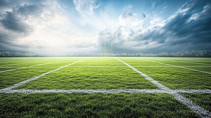 Obraz premium A football field with clear, crisp yard lines running toward distant goalposts, empty and ready for play