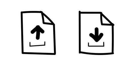 Doodle upload and download line icon. Hand drawn file upload and download with arrows. Upload arrow and download arrow.