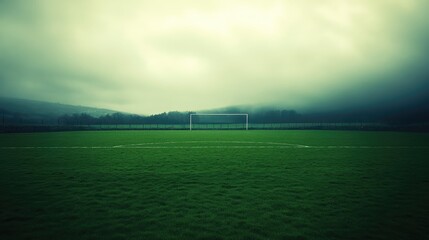 Obraz premium A football field with large, clear goalposts under an overcast sky, with visible lines and markings on the bright grass