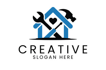 Home Repair Service Logo Design Blue House Tools job icon care work black heart 