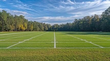 Obraz premium A pristine football field under morning light, with visible goalposts at each end and freshly painted yard lines