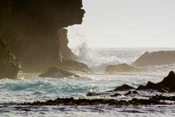 Beautiful rocks and waves of Athe tlantic coast in Essaouira in outline