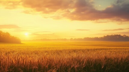Fototapeta premium Serene agricultural landscape with sun setting over ripe wheat. Great for farming, harvest, and countryside visuals.