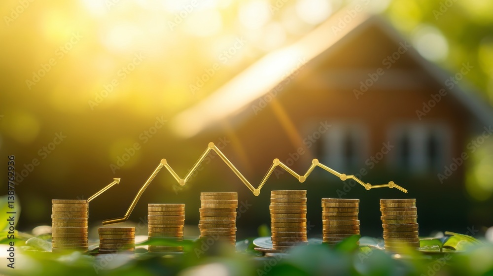 Poster rising and falling gold coin stacks graph with house background.