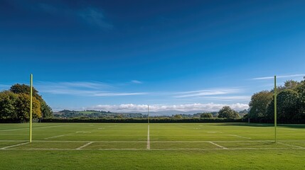 A wide shot of a pristine football field with freshly painted lines and goalposts under a clear blue sky