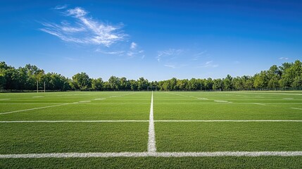 Fototapeta premium A wide shot of a pristine football field with freshly painted lines and goalposts under a clear blue sky