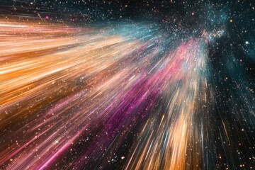 Colorful light streaks create an expansive cosmic effect in a vast space background