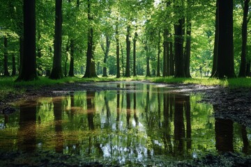 Fototapeta premium Serene forest with tall trees and a mirror-like water reflection