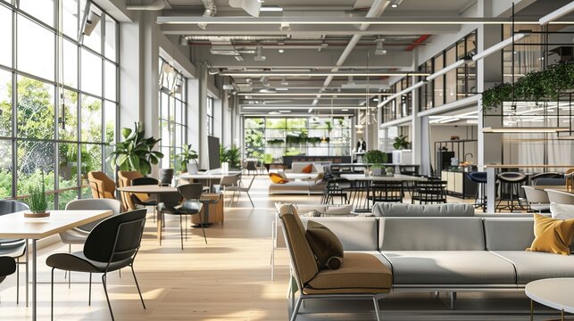 Capturing the Future of Work: Dynamic Focus in Modern Co-Working Spaces! Shot with shallow depth of field, the image highlights an open-plan layout where collaborative teams gather around a smart conf