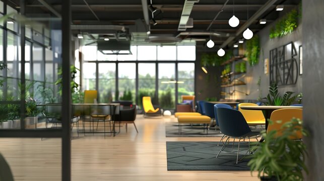 Capturing the Future of Work: Dynamic Focus in Modern Co-Working Spaces! Shot with shallow depth of field, the image highlights an open-plan layout where collaborative teams gather around a smart conf