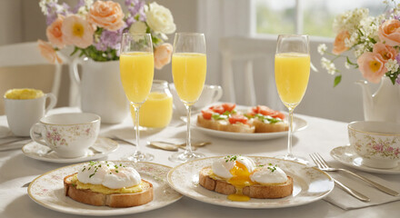 Table with Poached Eggs and Mimosas for Brunch
