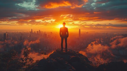 A determined businessman in a tailored suit stands atop a mountain peak at dawn, gazing resolutely toward the distant city skyline. 