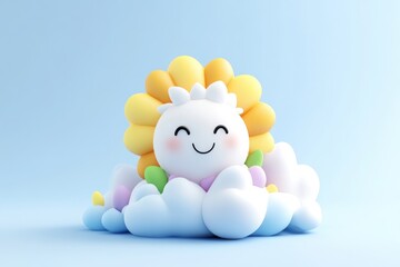 Cheerful sun flower character in a cloud
