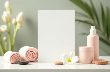 Spa  product presentation scene with a white blank space on table . decorated by some bath items around.