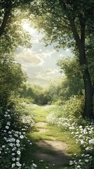 Obraz premium Sunlit forest path through a meadow of white flowers