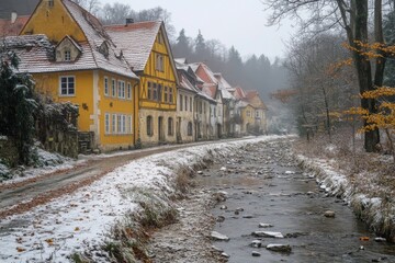 Train station in small village with snowy tracks and vintage houses