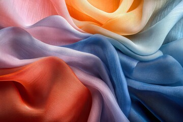 Closeup of soft multicolored silk fabric in red orange and blue hues