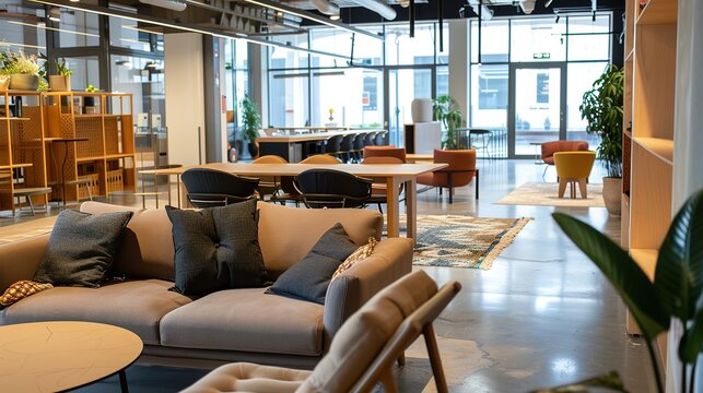 Capturing the Future of Work: Dynamic Focus in Modern Co-Working Spaces! Shot with shallow depth of field, the image highlights an open-plan layout where collaborative teams gather around a smart conf