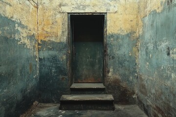 Obraz premium Old weathered doorway in textured wall with peeling paint and shadows