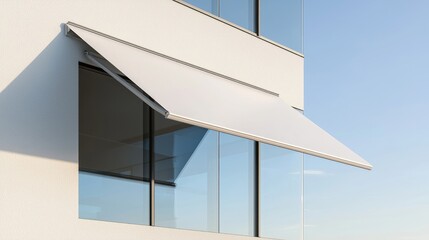Modern awning shades over a contemporary window.  A sleek, retractable awning provides shade and protection for a modern building facade