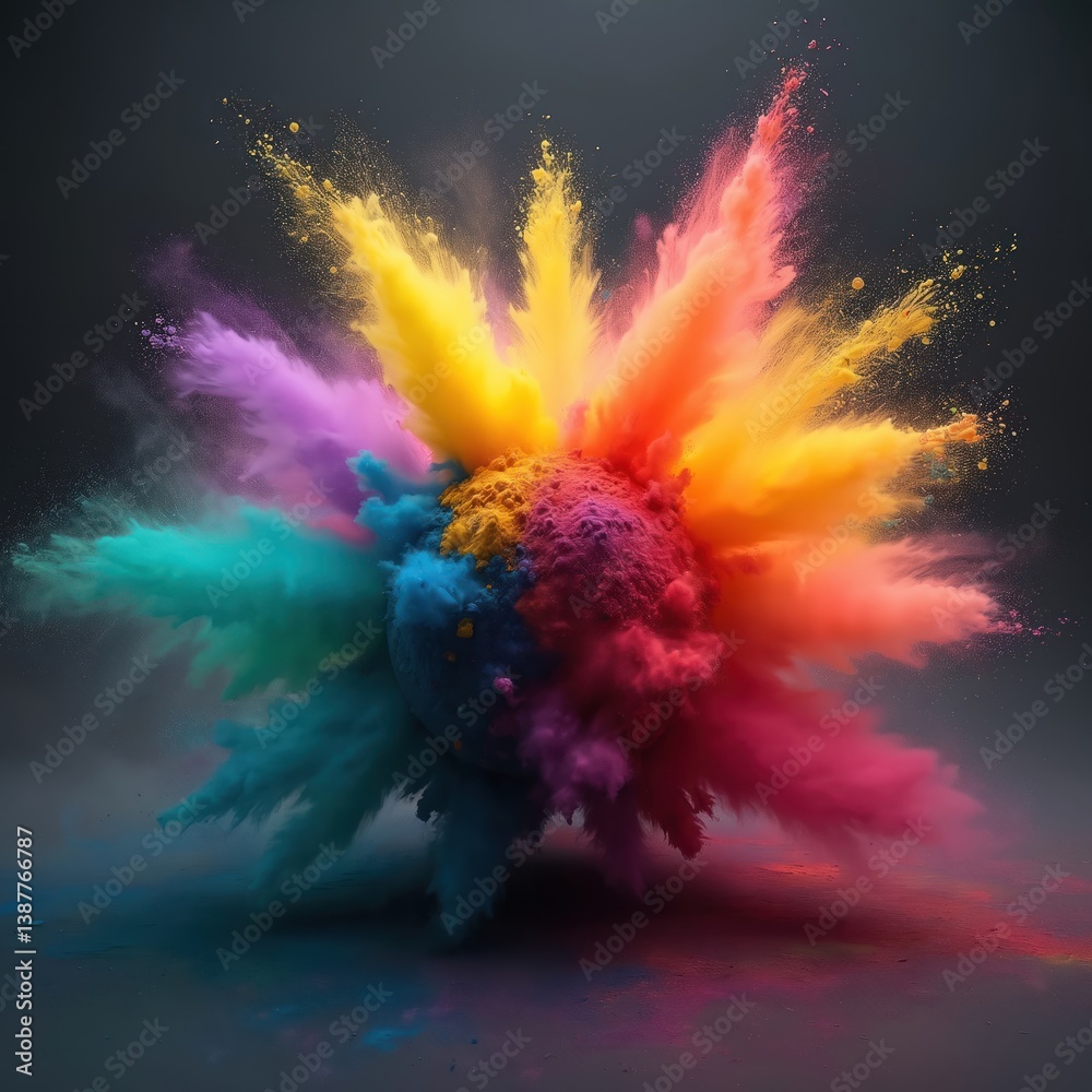 Poster explosion of colorful powder on dark background. abstract dust cloud with diverse colors. holi festi
