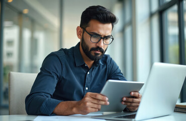 Indian business man, CEO, manager uses tablet computer at office desk. Male employee or executive working on pad analyzing digital corporate project data. Serious businessman focused on task.