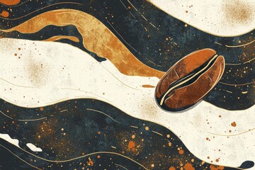 Obraz premium Abstract design featuring a coffee bean on a textured background with flowing patterns and splashes