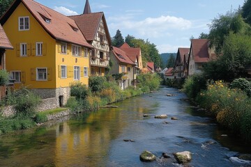 Obraz premium European village with yellow houses along a calm river under soft light