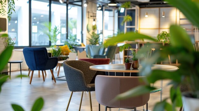 Capturing the Future of Work: Dynamic Focus in Modern Co-Working Spaces! Shot with shallow depth of field, the image highlights an open-plan layout where collaborative teams gather around a smart conf