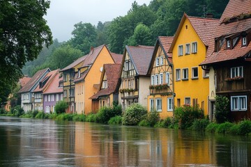 Fototapeta premium Colorful houses by the river reflecting in calm water on a bright day