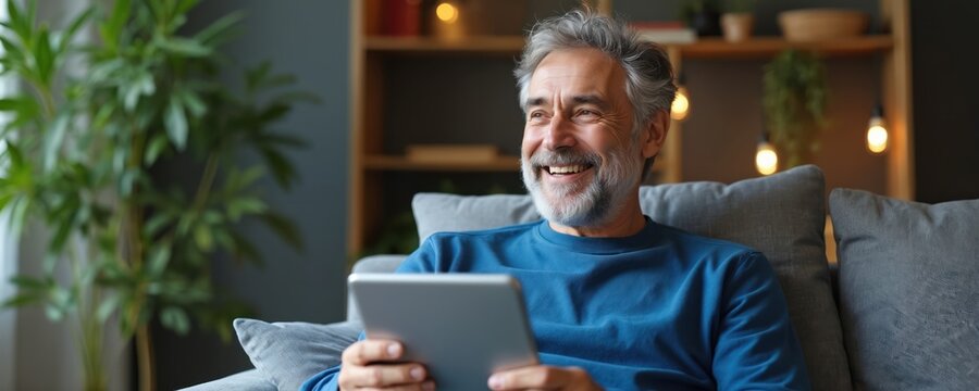 Smiling relaxed middle aged man in a blue top holding tab relaxing on sofa at home. Happy mature male using digital tablet. Home, business, work, office. Modern interior. - Powered by Adobe
