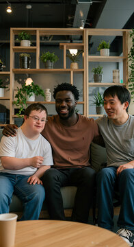 Co-working space diversity, an African american man, an east asian in a wheelchair, and a person with Down syndrome hanging casually in a working space lobby