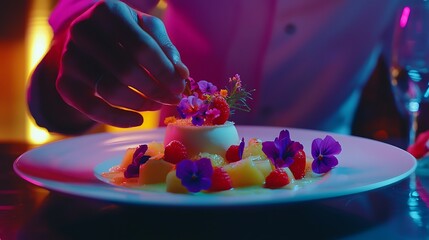 A person is putting flowers on a dessert