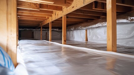 Unfinished basement with wooden beams, vapor barrier, and crawl space.