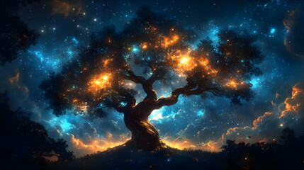 Obraz premium Glowing Tree Under a Starry Night Sky