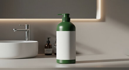 Green Pump Bottle on Beige Bathroom Countertop