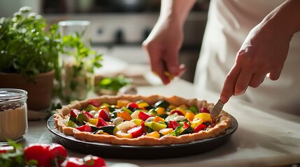 A person is cutting a vegetable pizza on a table
