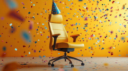A serious office chair wearing a tiny party hat, confetti falling around it 