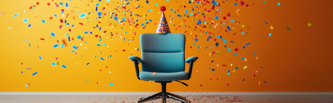 A serious office chair wearing a tiny party hat, confetti falling around it