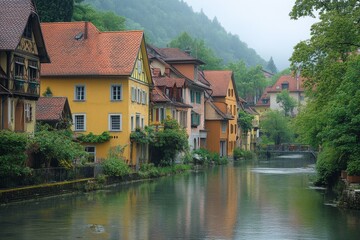 Fototapeta premium Colorful medieval houses reflected in calm river in picturesque European village
