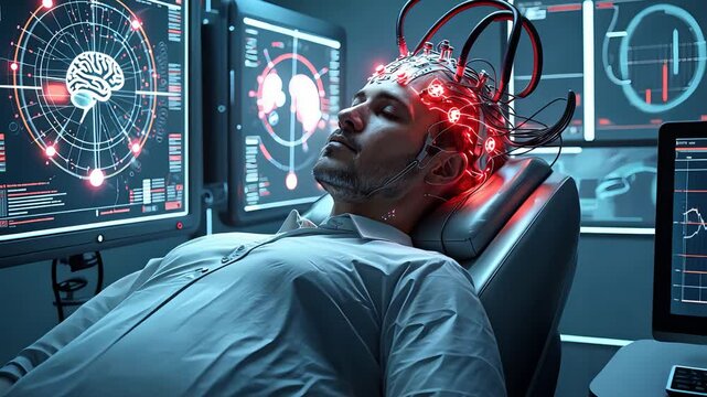 Man undergoing advanced brain scan with futuristic neural interfaces and digital screens displaying brain activity.

