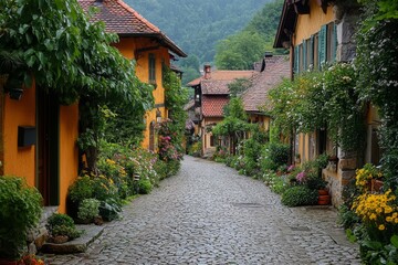 Fototapeta premium Stone alleyway in old village surrounded by lush green plants and flowers