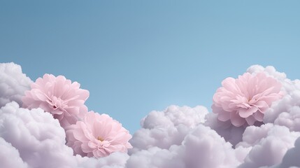 Delicate pink flowers nestled among fluffy clouds against a pastel sky