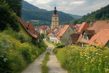 View of charming European village with church tower and red rooftops