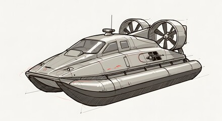 Obraz premium Sketch Illustration of Gray Hovercraft Design with Propellers and Line Art