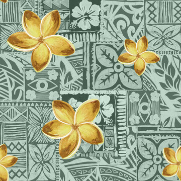 Fototapeta Aloha Plumeria Frangipani flower Hawaiian tropical exotic Polynesian pattern, tiki, aztec textile print, geometric background