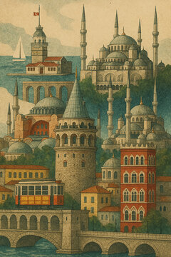 A collage illustration of Istanbul's architectural works