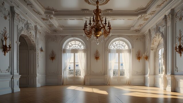 Luxurious white baroque-style interior with ornate ceilings and windows, bright background, concept of opulence. Generative AI