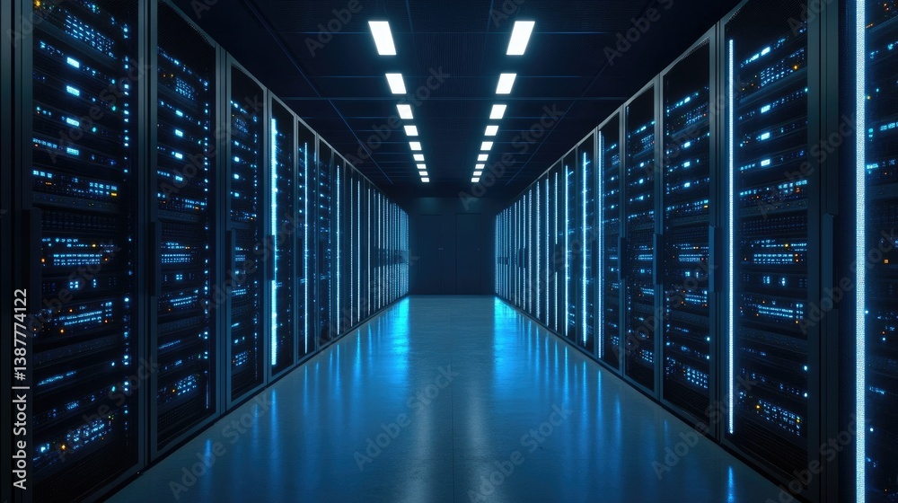 Poster energy-efficient data center illustration with cloud infrastructure powered by renewable sources